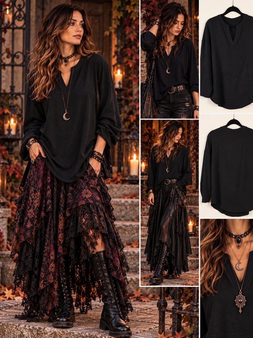 Black Whimsigoth Lagenlook Tunic Top M Relaxed Boho Split Neck NWOT